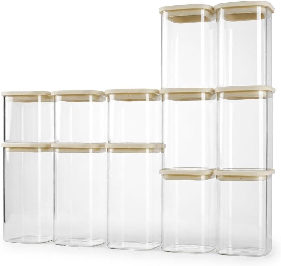 12pcs Square Glass Pantry Storage Jars Set with Glass Lids 0.76Qt/1.22Qt/1.67Qt - Airtight Stackable Kitchen Canisters Sets | 24floz / 40floz / 53floz Glass Pantry Storage Containers