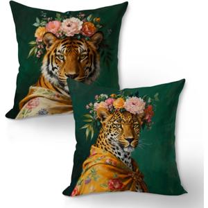 Funky Floral Crowned Leopard Tiger Portrait Pillow Covers 18x18, Modern Maximalist Eclectic Fashionista Cheetah Tiger Animal Decorative Pillow Covers for Home Living Room Bedroom Set of 2
