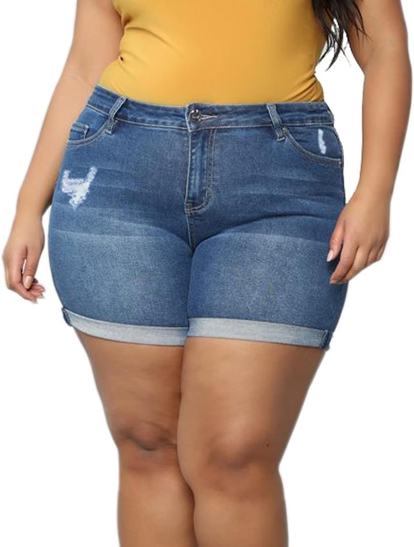 Sghenr Plus Size Women's Ripped Denim Jean Shorts High Waisted Stretchy Folded Hem Short Jeans(Blue, 20W)