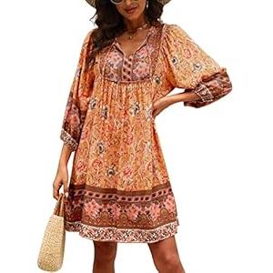 Qearal Women's Casual V Neck 3/4 Sleeve Boho Floral Printed Loose Short Flowy Summer Beach Vacation Dress (Medium, Orange)