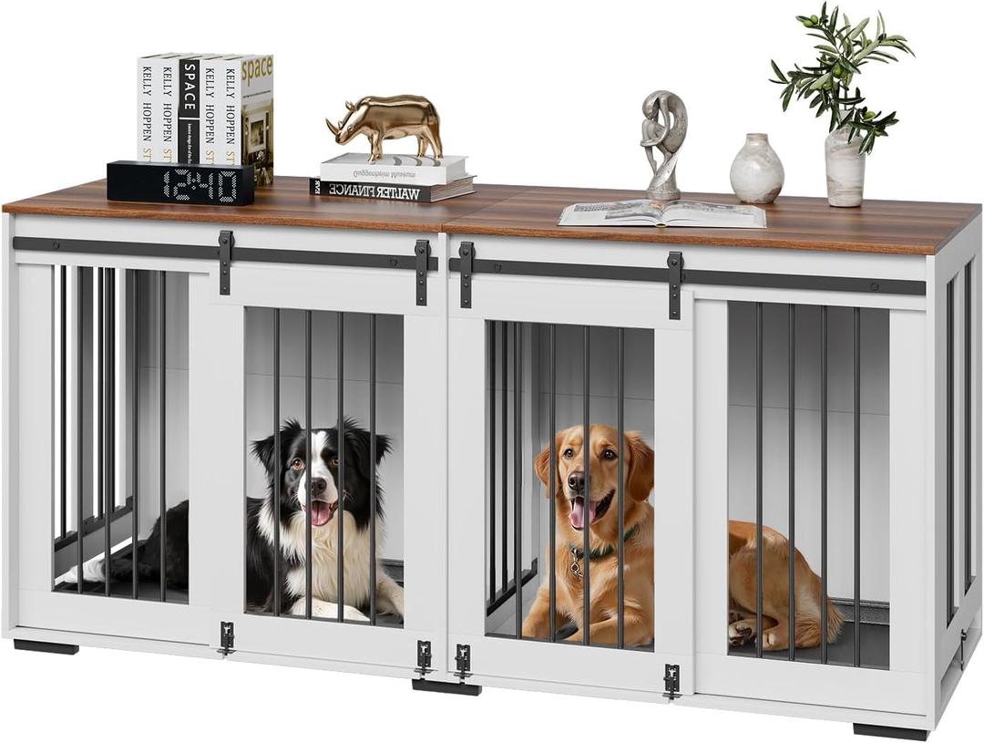 VEVOR 72"Dog Crate Furniture for 2 Dogs,Double Dog Crate Furniture with Double Sliding Doors,Large Dog Crate TV Stand with Removable Tray,Steel Frame Double Dog Crate for Small,Medium,Large Dogs White (70.9"L x 23.6"W x 33.9"H)
