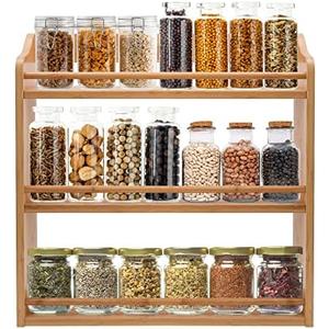 FoverOne 3 Tier Bamboo Spice Rack, Seasoning Jars Rack Shelf Spice Organizer for Kitchen Countertop or Wall Mounting, 5.11" D x 15.74" W x 16.53" H