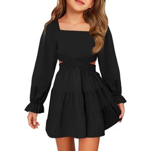 Haloumoning Girls Dresses Long Sleeve Square Neck Crossover Waist Casual A-Line Spring Fall Dress 5-14Y (Black)