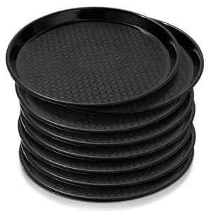 Zopeal 8 Pieces 11 Inches Black Round Restaurant Serving Tray, Plastic Non Slip Surface Food Meals Server Tray with Raised Edges for Home, Kitchen, Restaurant, Cafeteria, Bar