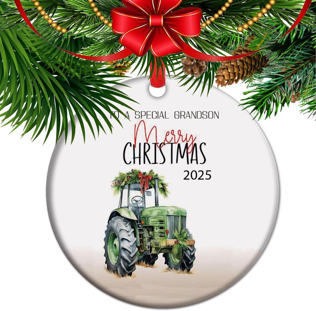 Farm Tractor Christmas Ornament 2025, Heartfelt Grandson Keepsake Ceramic Ornament, Gifts for Grandson from Grandfather, Sentimental Gift from Grandmother (C7)