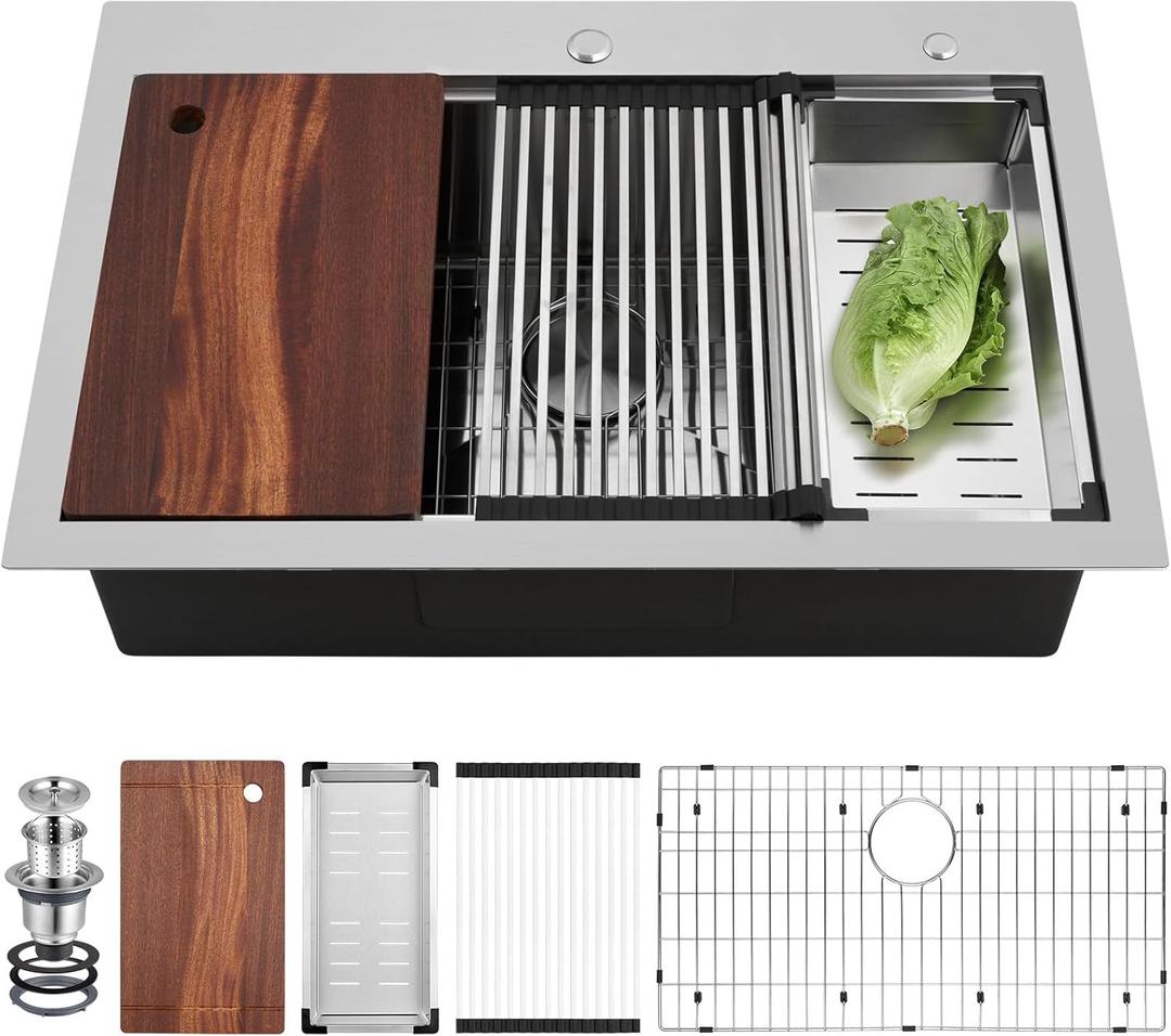 33x22 Drop in Kitchen Sink, Top Mount Stainless Steel Sink Workstation, 10Deep Large Single Bowl Kitchen Sinks with Accessories (Brushed) (33" L x 22" W x 10" H)