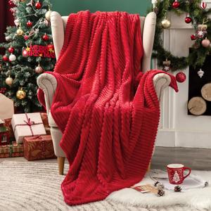 MIULEE Christmas Red Fleece Throw Blanket for Couch 300GSM Super Soft Lightweight Plush Striped Blanket, Warm Cozy Breathable Ribbed Flannel Throws for Bed/Sofa, 50"x60"