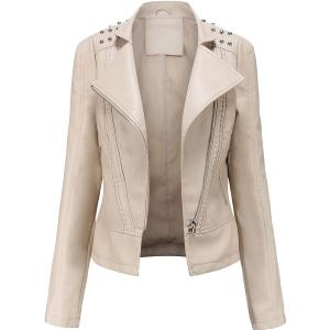 chouyatou Women's Casual Light Studded Shoulder Moto Biker Faux Leather Jacket (Off-white), XL