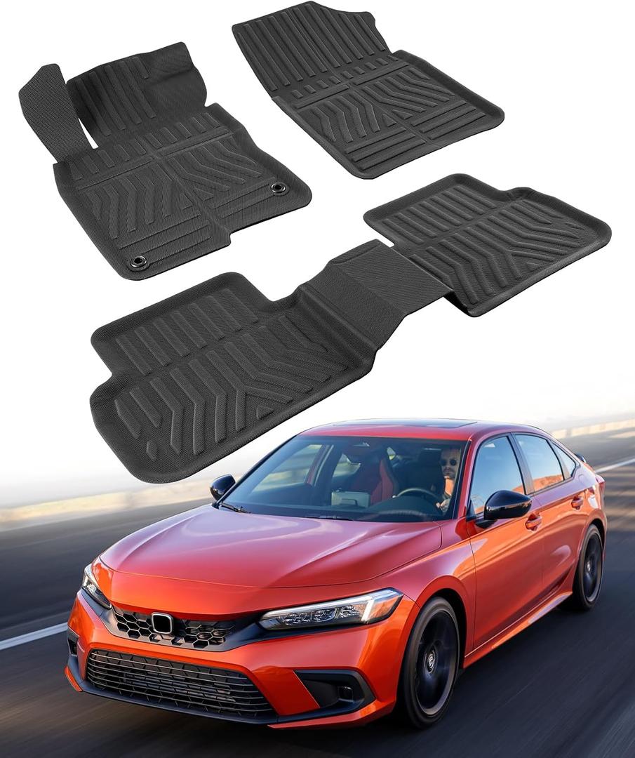 Custom Fit 3 Pcs Floor Mats for Honda Civic 2022-2025 - All-Weather Rubber Mats & Liners, Heavy Duty Car Interior Protection for Civic, Weather-Resistant & Easy to Clean