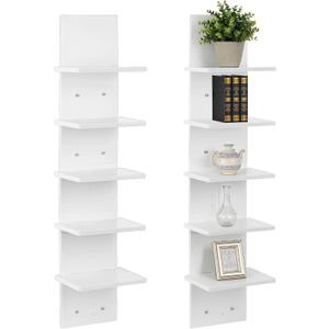 2PCS 5 Tiers Floating Wall Shelf, Small Vertical White Floating Shelf for Narrow Spaces, Modern Wall-Mounted Decorative Shelves for Bedroom Living Room, Lightweight Wood-Plastic