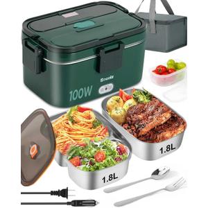 Eocolz Electric Lunch Box Food Heater 100W, Food Warmer with Dual Container 1.8L Portable Heated Lunch Box for Car Truck Work Stainless Steel Fork & Spoon 12/24/110V for Adults Lonchera Elctrica (Green)
