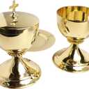Needzo High Polished Brass Chalice,Paten and Ciborium Set, Catholic Church Communion Supplies, 5.75 Inches