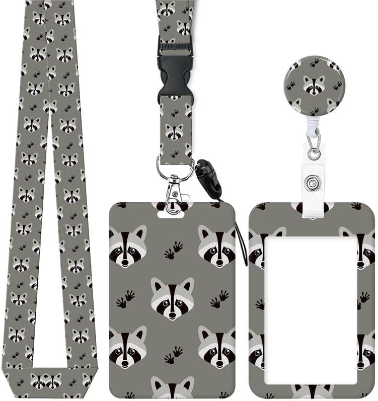 ID Badge Holder with Retractable and Detachable Lanyard, Cute Badge Reel Breakaway Lanyard with Carabiner Clip for Women, Teachers, Nurses, Students, Perfect Work and Office(Funny Raccoon)