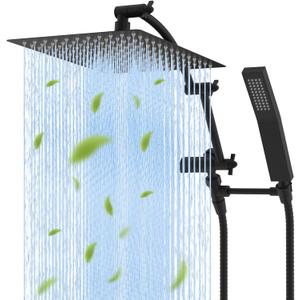 Hibbent All Metal 12'' Rainfall Shower Head, Dual Shower Head Combo, High Pressure Handheld Shower Wand, 16'' Adjustable Arc-shaped Shower Extension Arm, 71'' Hose, Showerhead Holder, Matte Black