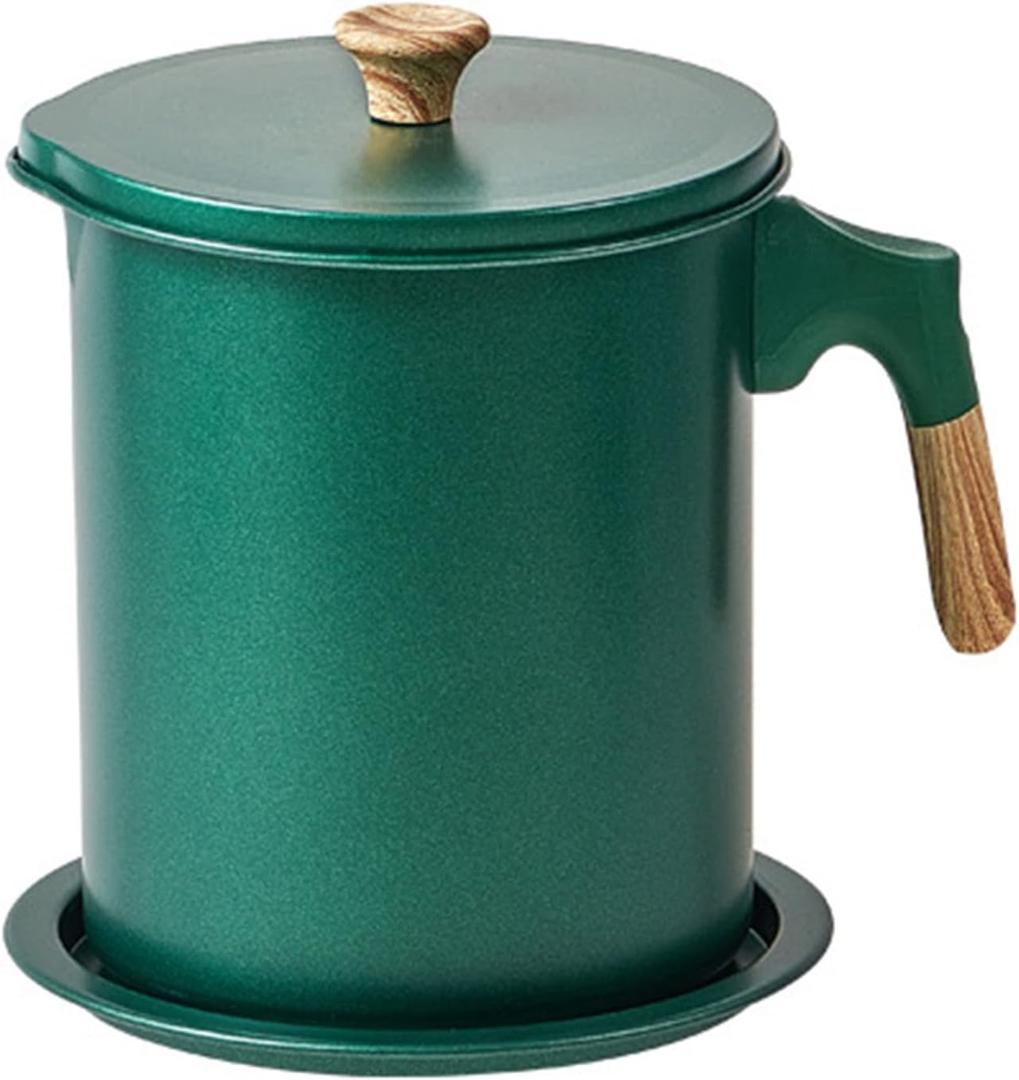Bacon Grease Container with Strainer, 1.4L/47oz Oil Strainer Pot Iron Kitchen Oil Container Storage Can with Fine Mesh Strainer Lid&Tray(Dark Green)
