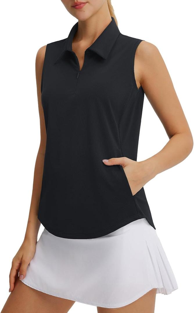 baleaf Women's Golf Shirts Sleeveless Pockets Tennis Tops Workout Athletic Polo V Neck Collared UPF, Medium
