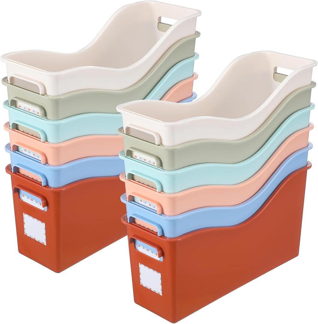 Meonum 12 Pcs Book Bin Bulk - Plastic Boho Classroom Storage Bin with Handle & Labels for School Home Office File Folder Binder Organization Supplies Meonum 12 Pcs Book Bin Bulk - Plastic Boho Classroom Storage Bin with Handle & Labels for School Home Office File Folder Binder Organization Supplies
