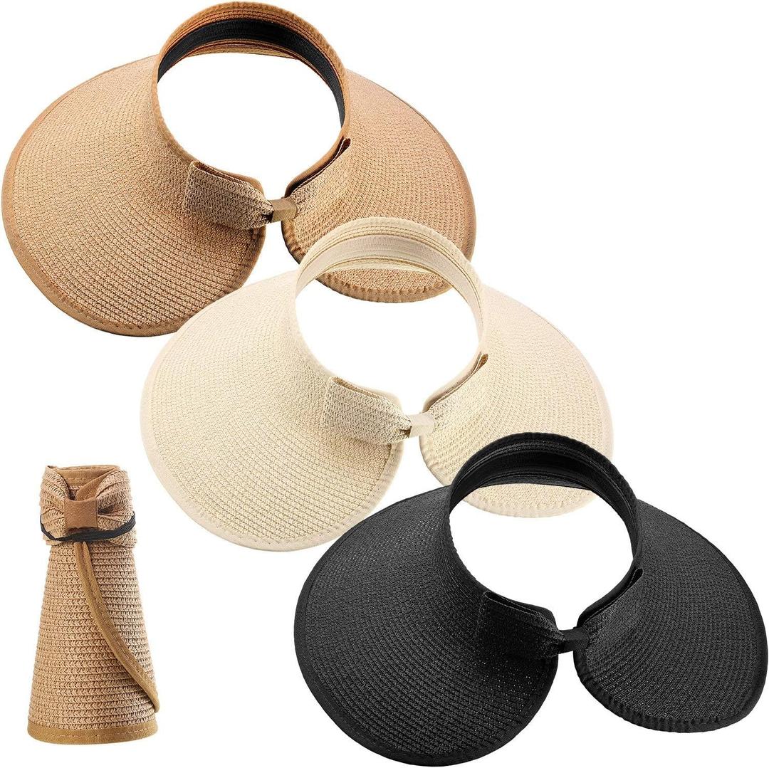 3 Pieces Women Foldable Straw Sun Visor Wide Brim Roll up Beach Hat with Bowtie Multicoloured