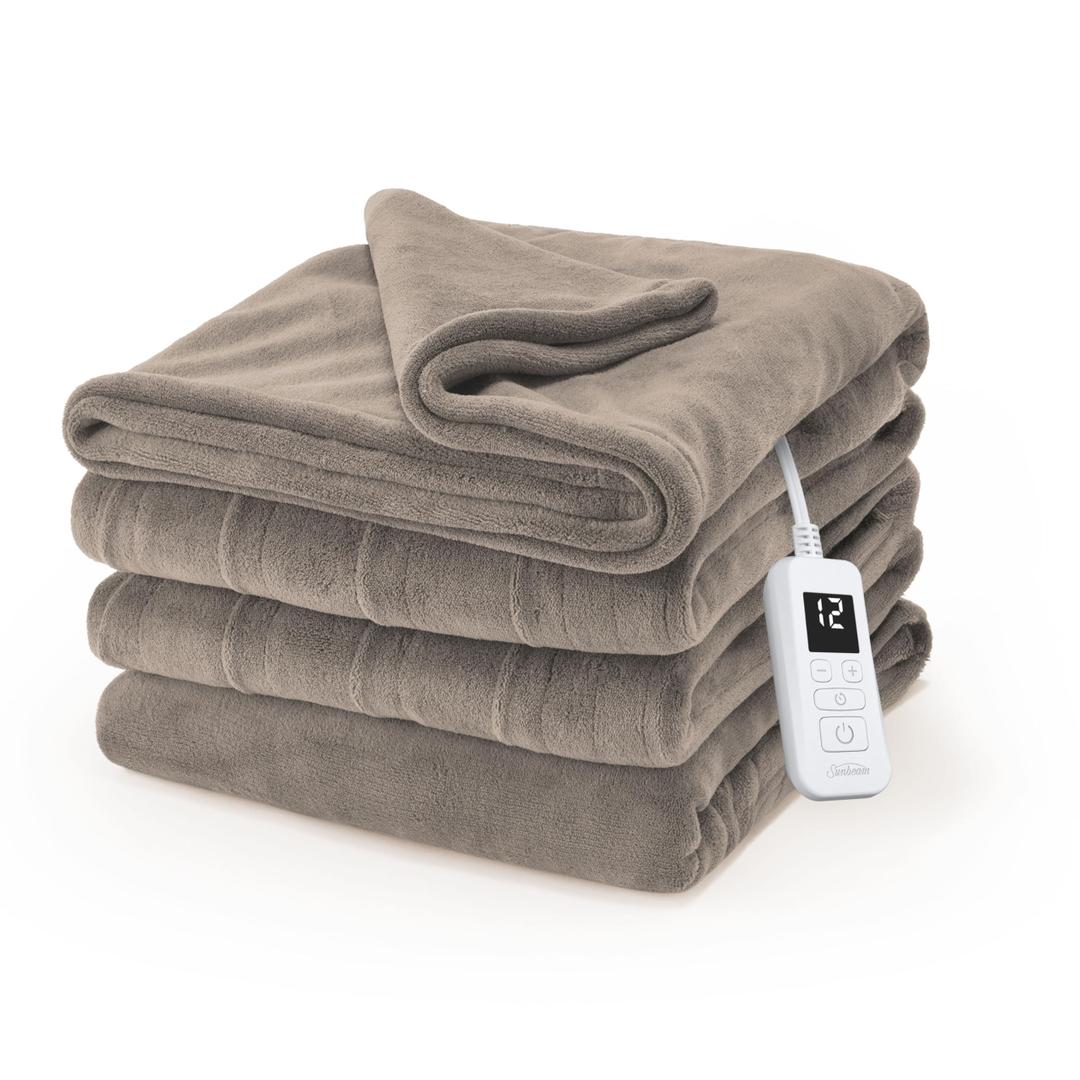 Sunbeam Electric Royal Luxe Microplush Heated Blanket, 12 Heat Settings, 12-Hour Auto Shut-Off, Fast Heating, Warm & Cozy, Machine Washable, Mushroom Color, Full (84" x 72")
