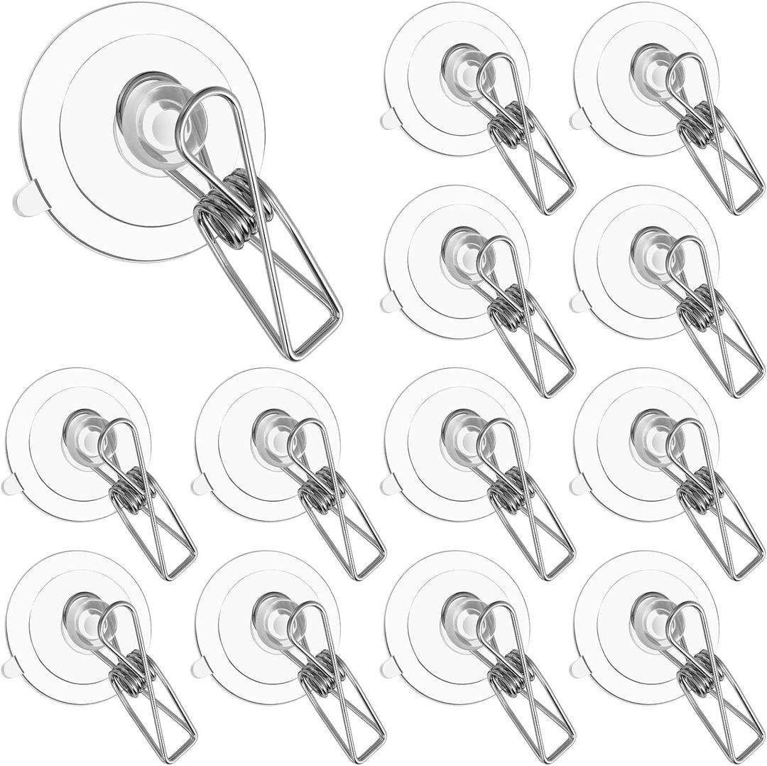 Patelai 16 Pieces Suction Cup Clips Plastic Round Window Suction Cups Clamp Holder with Clips Heavy Duty for Hanging Home Office Shower Accessories