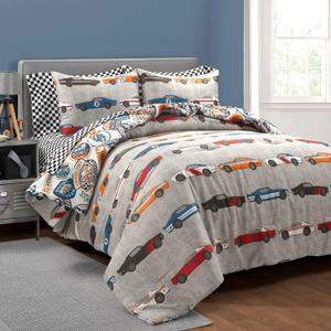 Lush Decor Race Cars Reversible Oversized With Printed Sheet 7 Piece Comforter Set, Full, Blue & Orange