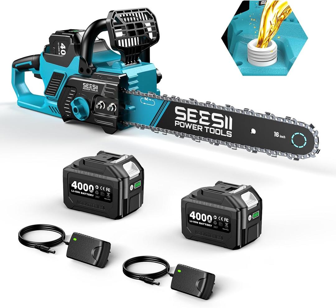 SEESII 40V 16-Inch Cordless Chainsaw: Brushless Electric Chain Saws with 24.0Ah Batteries & Charger, Tool-Free Chain Tension, Auto Oiling, for Tree Trimming, Wood Cutting, Yard Work
