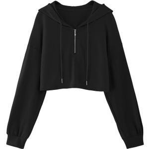 Hilinker Womens Casual Cropped Hoodies Half Zip Sweatshirt Long Sleeve Pullover Tops Black Small