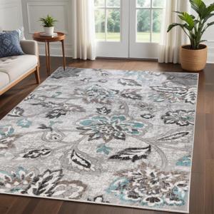 Superior Indoor Large Area Rug for Hallways, Entry, Office, Living/Bedroom, Hardwood, Tile, Floor Cover, Plush Carpet Cover, Modern Farmhouse Floral Decor, Jacobean Collection, 5' x 8', Blue Ivory