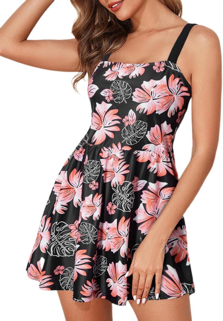 Aleumdr Women's One Piece Swimsuit Tummy Control Swim Dress Modest Full Coverage Skirt Bathing Suit with Pockets (S)