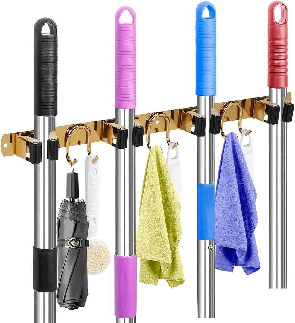 Mop Broom Holder Wall Mount, Gold Stainless Steel Tool Storage Organizer for Kitchen Garden Garage Laundry Room Bathroom and RV with 4 Slots 6 Hooks (Gold-1 Pack)