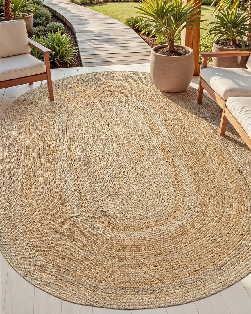 DEXI Jute Area Rug Natural Fiber 5x8 Oval, Woven Braided Durable Farmhouse Design Rugs for Living Room, Bedroom Dinning Room Office Outdoor Patio, Natural