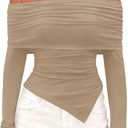 PRETTYGARDEN Women's Off The Shoulder Tops Spring Fashion 2026 Long Sleeve Shirts Going Out Slim Fitted Blouses Fall Clothes (Beige, XS)