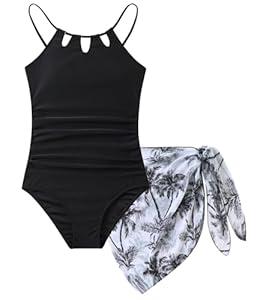  Girls Swimsiut Size 9-10 Y Black Teen One-Piece Bathing Suit with Tropical Print Mesh Cover Ups Cut Out Adjustable Straps Summer Swimwear 