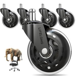 Lifelong Original Office Chair Wheels (As Seen On CNN) Replacement Rubber Chair Casters for Hardwood Floors and Carpet, Set of 5, Heavy Duty Casters for Chairs to Replace Office Chair Mats - Fits 98% (3 Inch, Clear)