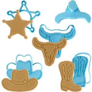 Cowboy Cookie Cutters Set of 4 - Stamp & Biscuit Cutter, Western Cowboy Themed Holiday Cookie Cutter Shapes - Easy to Use Shaper, for Baking & Kitchen, Food Grade Material - Baby Blue