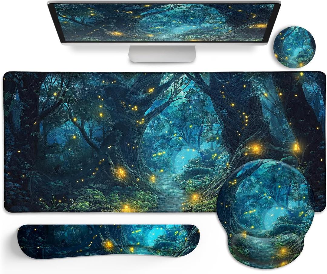 Ergonomic Mouse Pad Set Large Desk Matt for Desktop, Gaming Mouse Pad Wrist Rest Keyboard Mat Cup Coaster Set Cute Office Desk Decor Accessories for Women, Firefly Forest