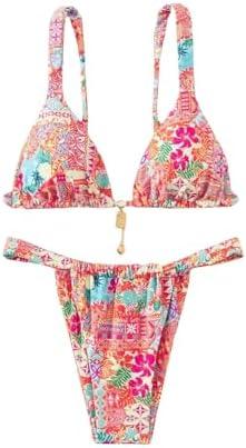 RoseSeek Women's 2 Piece Floral Tropical Print Bikini Set Boho Triangle Bathing Suit Tie Backless Swimsuit Sets Medium
