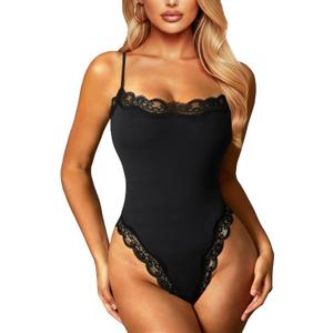 Navneet Women Sexy Lace Bodysuit Lace Trim High Cut Thong Spaghetti Strap Cami Bodysuit Going Out Tank Tops Body Suit, Small 