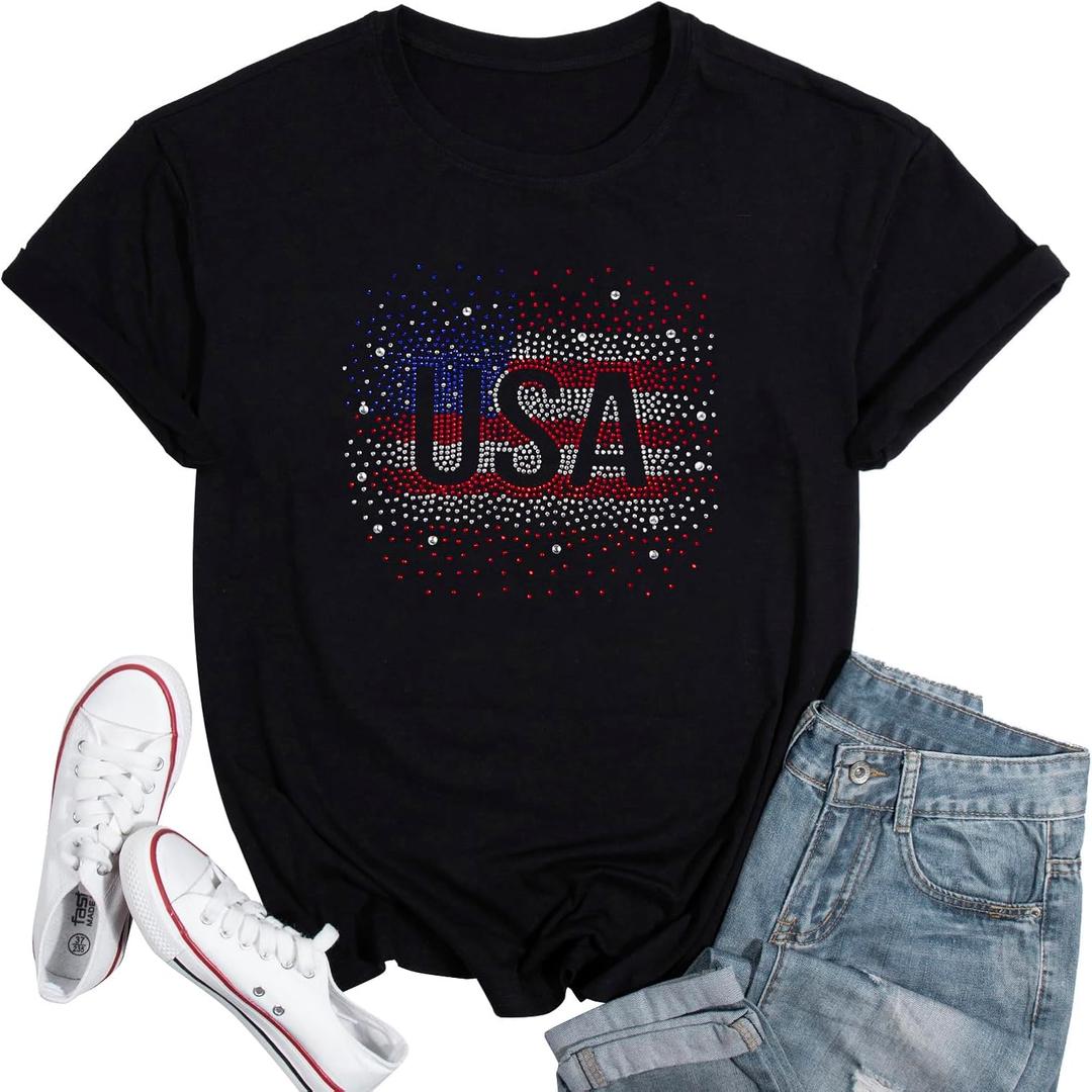 Merica Shirt for Women American Flag Tee Shirts Short Sleeve 4th of July Patriotic Shirts Tops (Black, S)