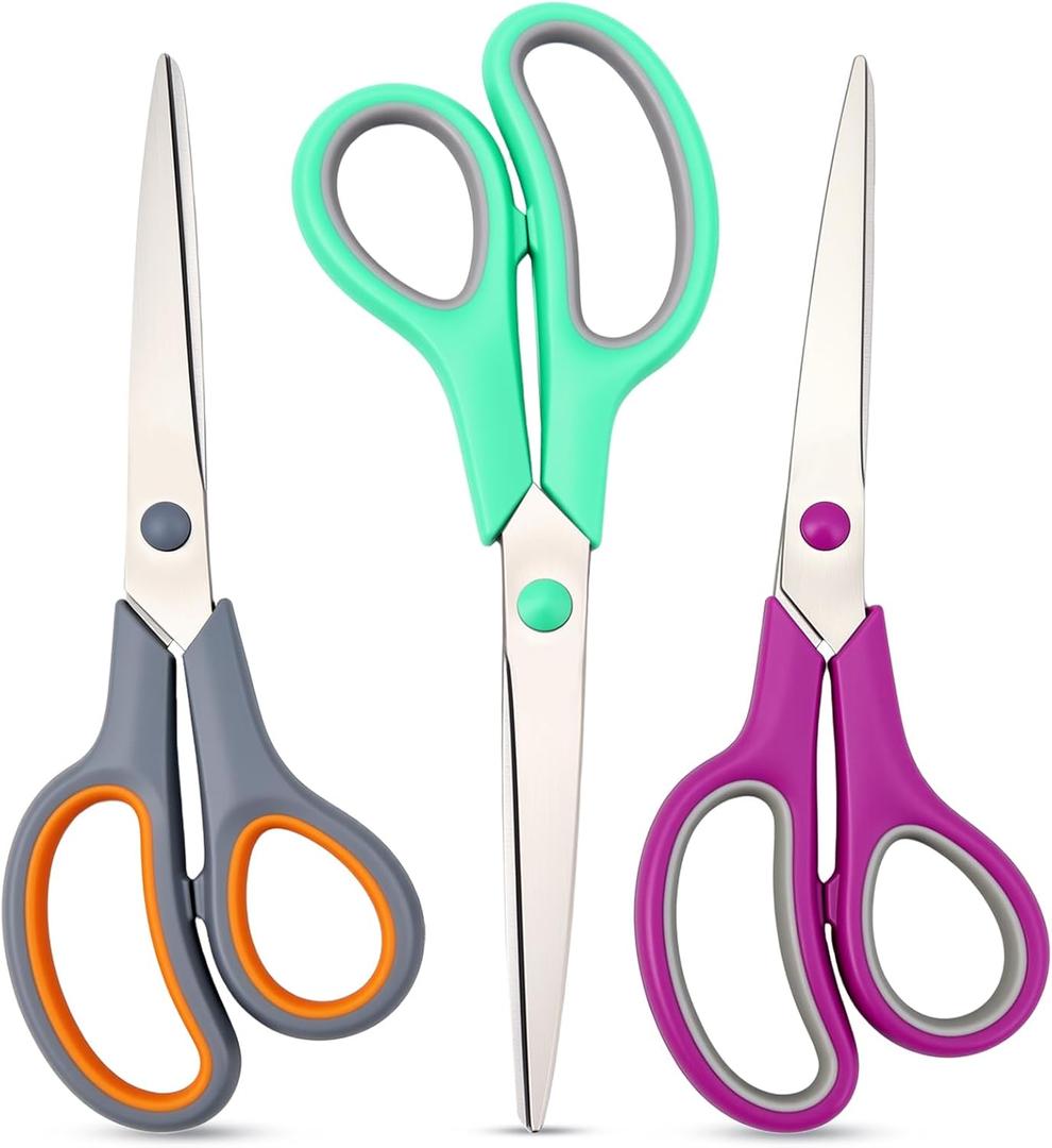 Scissors 8.5 Inch scissors all purpose for Office, Home, Sewing,and Crafts,Soft Comfort-Grip Right/Left Hand 3-Pack, Multicolor