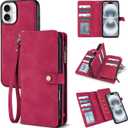 TwoHead Wallet Case Compatible with iPhone 16,Detachable Magnetic Phone Case,PU Leather All-Round Protective Cover Wallet with Card Holder/Change Pocket,6.1 in,Wine Red
