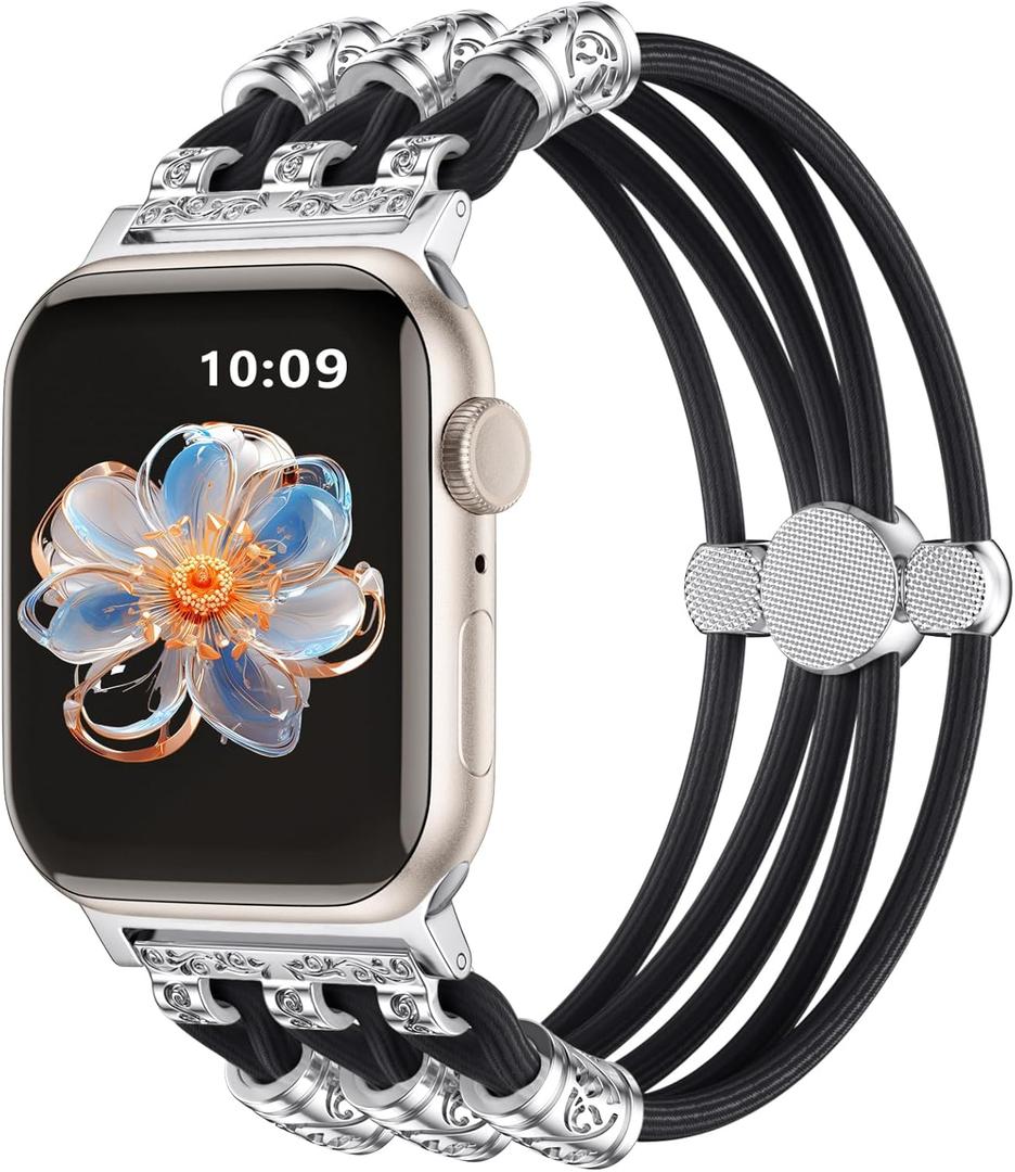 Beaded Bands Compatible with Apple Watch Band 40mm 42mm 38mm 41mm 45mm 44mm 49mm Women, Boho Solace Stretchy Cute Braided Bracelet Band for iWatch Band Series SE Ultra 10 9 8 7 6 5 4 3 2 1 (Black - Boho Silver Beading)