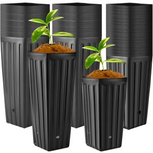 Nuenen 100 Pcs Tall Tree Pot Plastic Deep Plant Nursery Pots Black Seedling Treepots Flower Plant Container with Drainage Holes for Indoor Outdoor Gardening (7.9" H + 11.8" H)