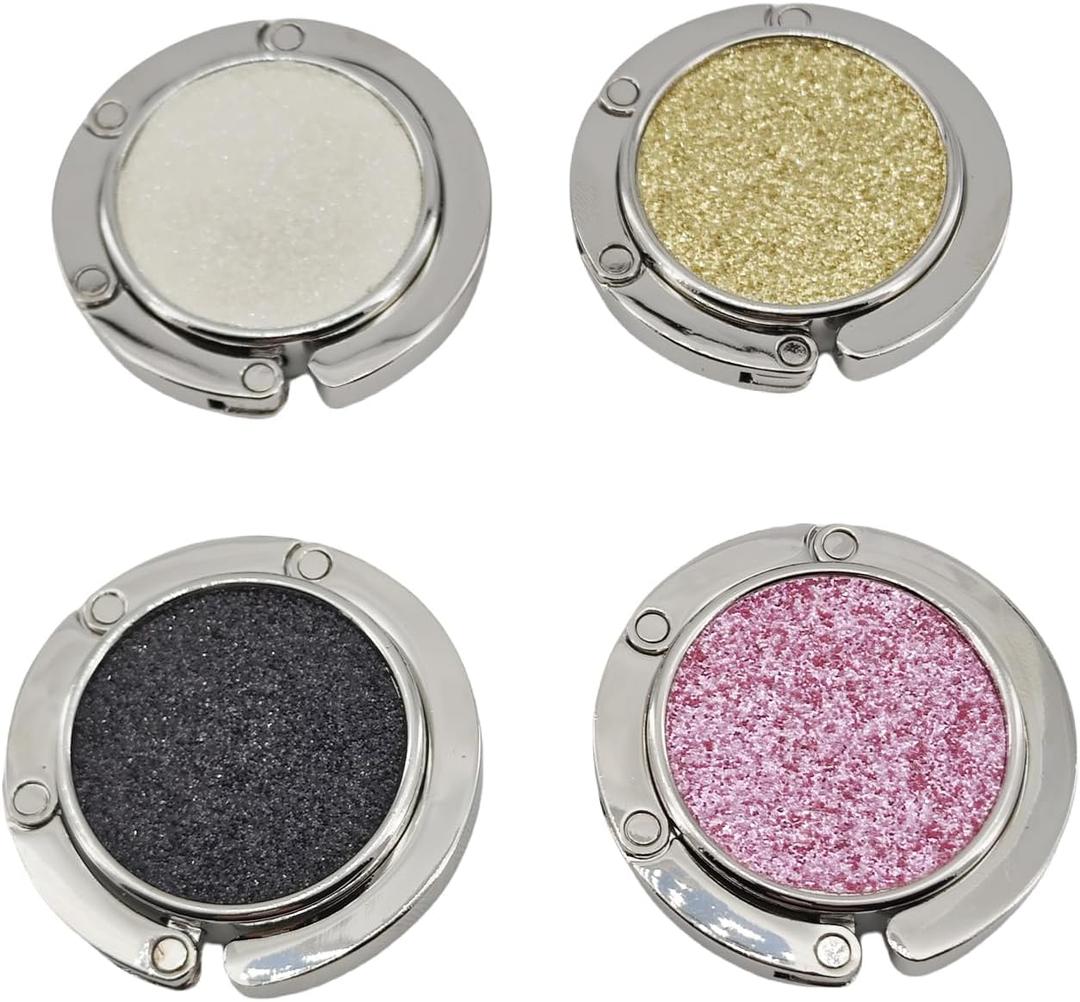 4 Pack Foldable Purse Hook for Table, Folding Women's Handbag Hangers Hooks for Desk, Bling Table Bag Holder for Women Bag Mixed Color(1 Black & 1 White & 1 Gold & 1 Pink)