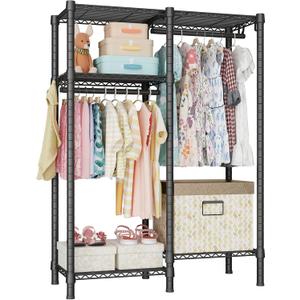 Ulif F1 Garment Rack for Kids, Baby, Students, and Children's Room, 4 Tiers Freestanding and Portable Heavy Duty Closets, Small Metal Clothes Rack with 2 Hanging Rod, 31.2" W x 11.8" D x 48" H, Black