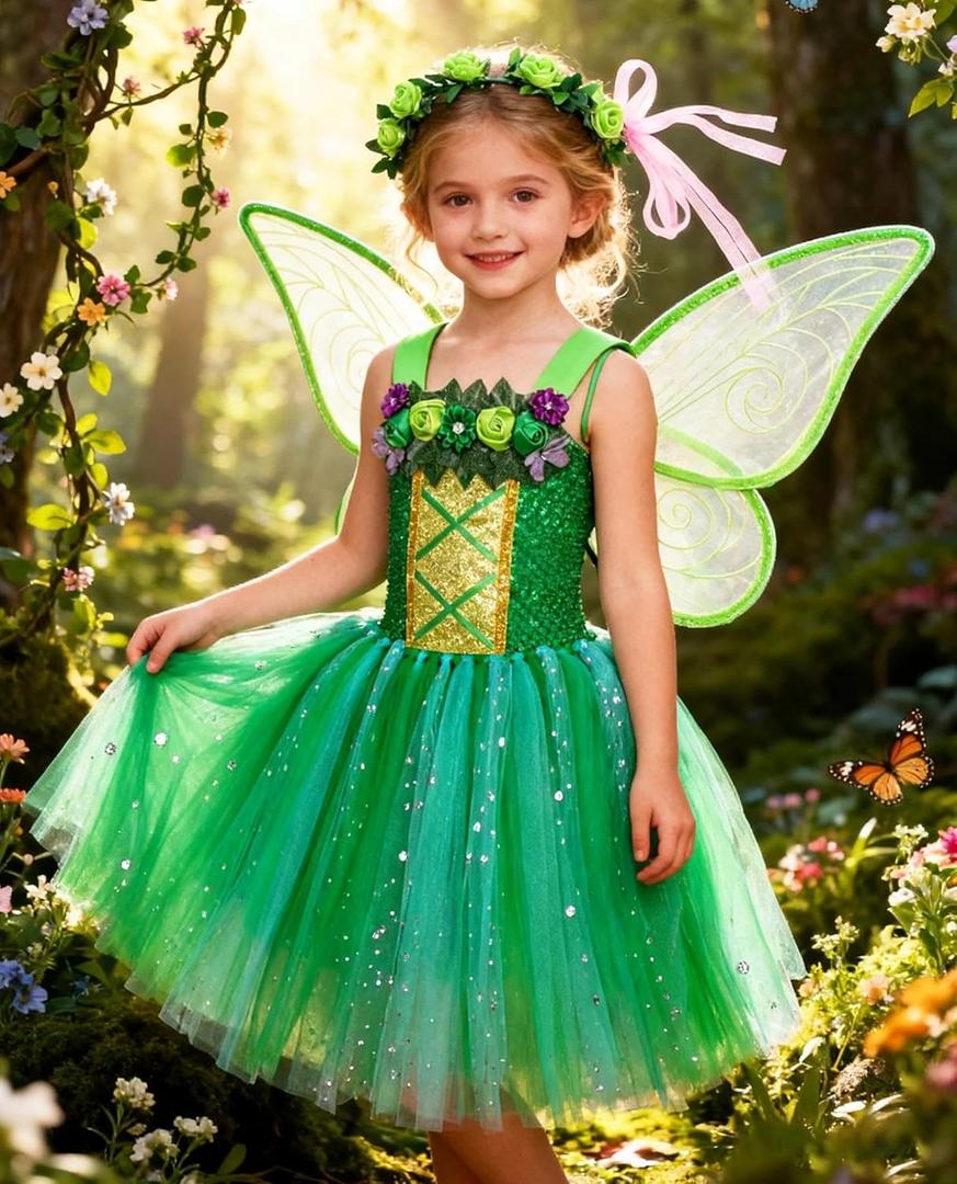 Fairy Costume for Girls with Wings Flower Crown Halloween Party Princess Dress Up Birthday Gifts, 9-10Y