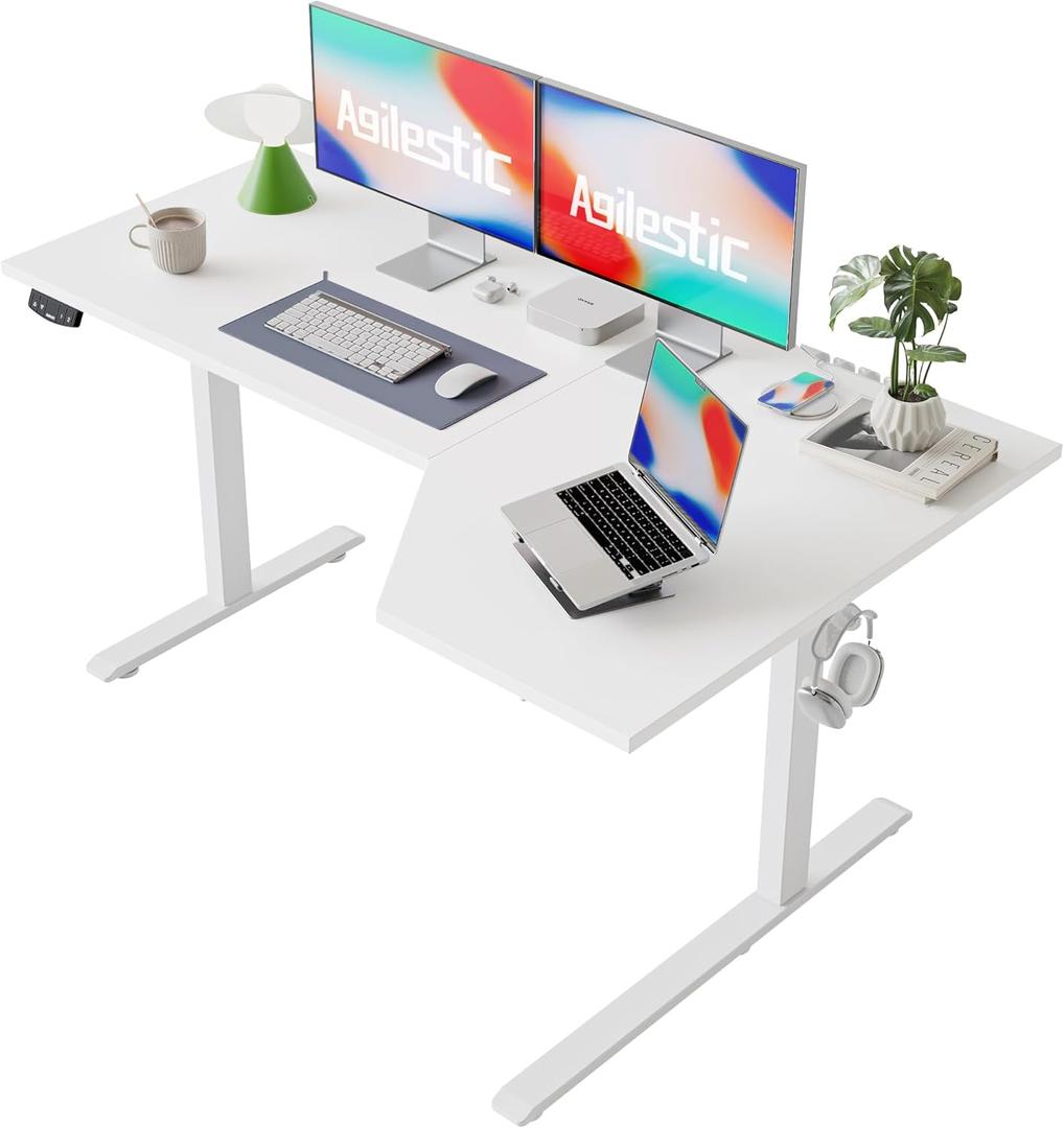 Agilestic Electric Standing Desk, L-Shaped 59 Inches Height Adjustable Desk, Sit and Stand up for Work Office Home, Ergonomic Rising Computer Table for Home Office with Splice Board, White
