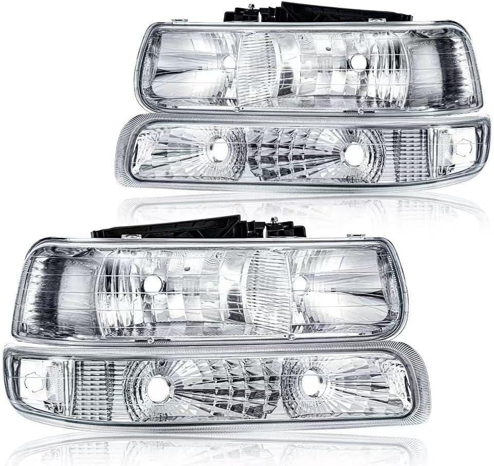 Headlight Assembly, Compatible with 1999 2000 2001 2002 Chevy Silverado 1500 2500/2001-2002 Silverado 1500HD 2500HD 3500HD Chrome Housing Clear Reflector