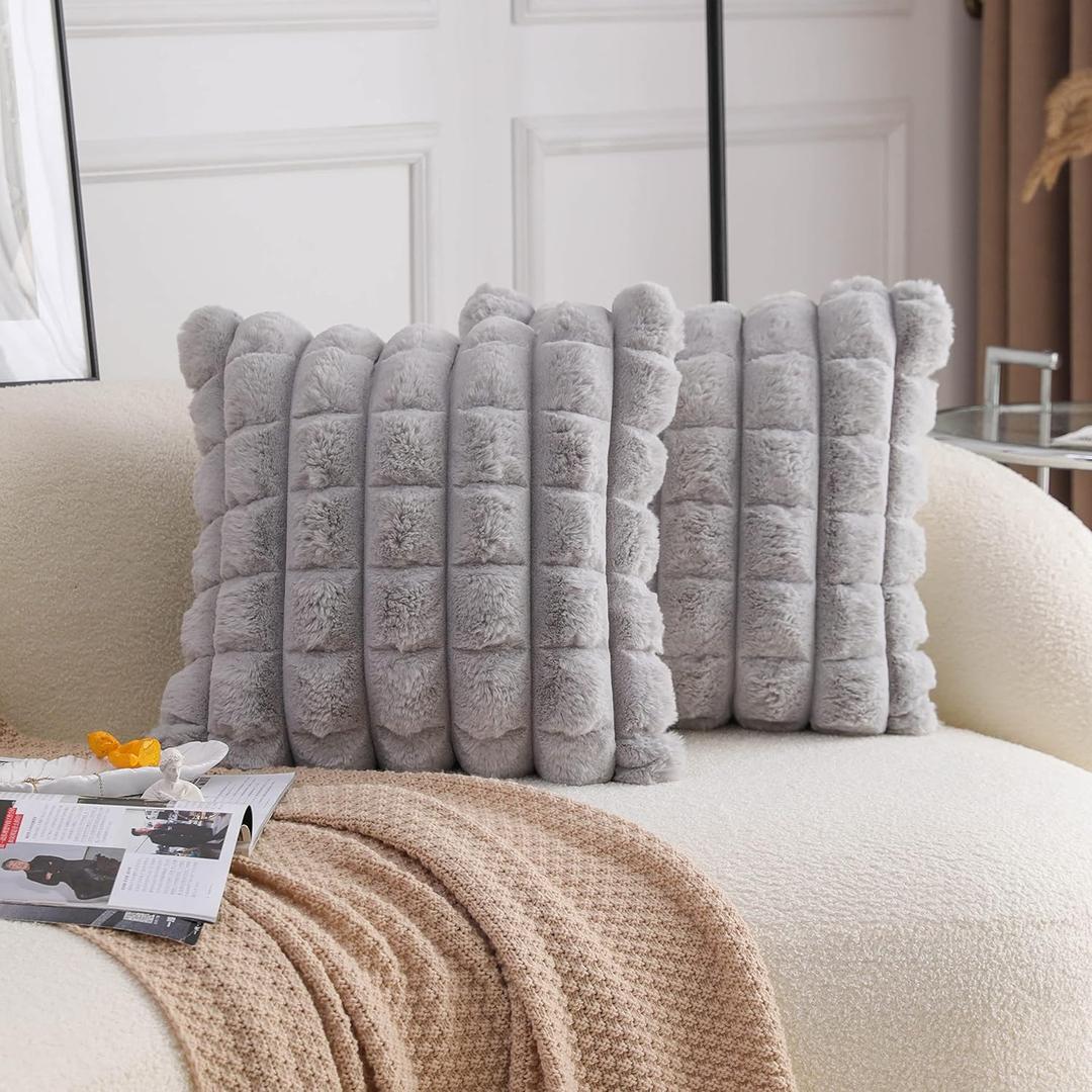 Neelvin Grey Faux Fur Cozy Soft Plaid Decorative Throw Pillow Covers 18x18 inch Set of 2,Velvet Pillowcase Cushion Case for Sofa Couch