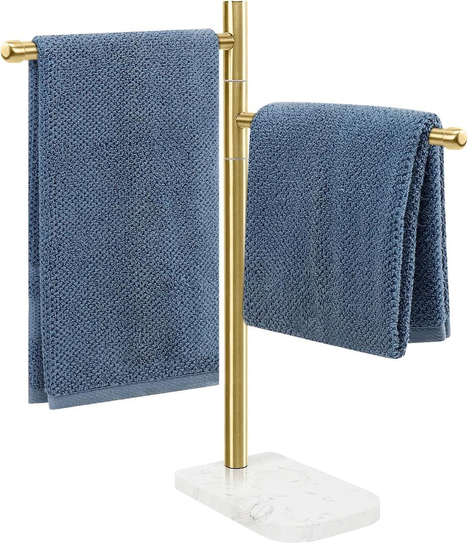 Hand Towel Holder, F-Shape Hand Towel Stand with Marble Base, Stainless Steel Swivel Hand Towel Rack Bar Standing for Bathroom Kitchen Countertop, 2 Arms (Gold)